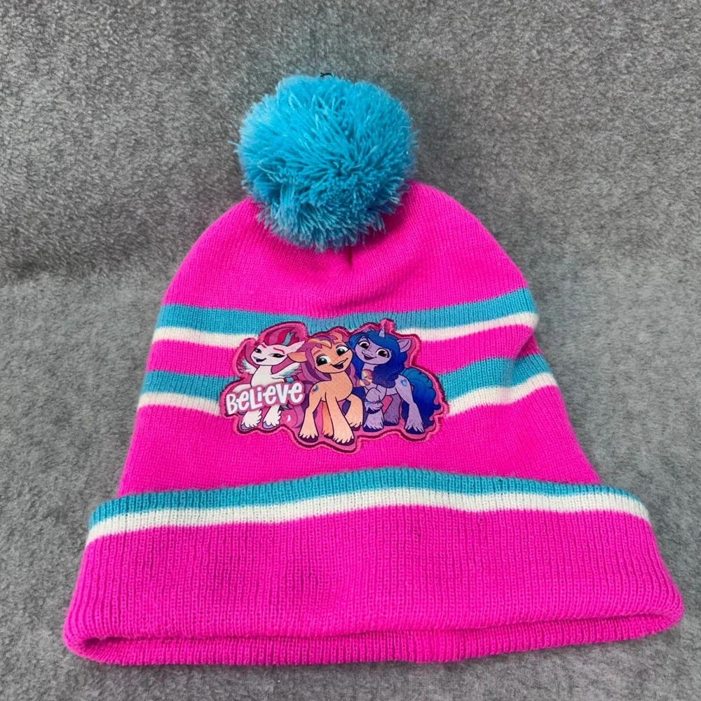 Believe Graphic Girls Pink My Little Pony Beanie Pom Pom Striped Knit Hat OS
